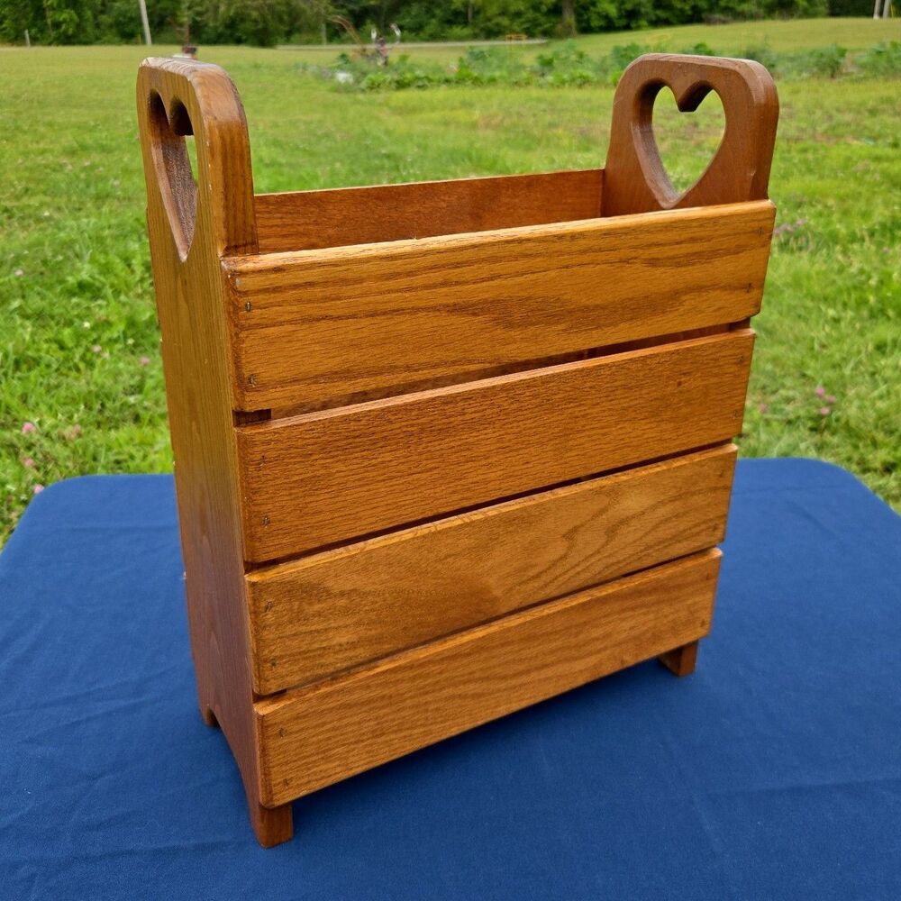 Vintage Oak Magazine Rack Heart Cut Out Handles Wooden Storage Farmhouse Country